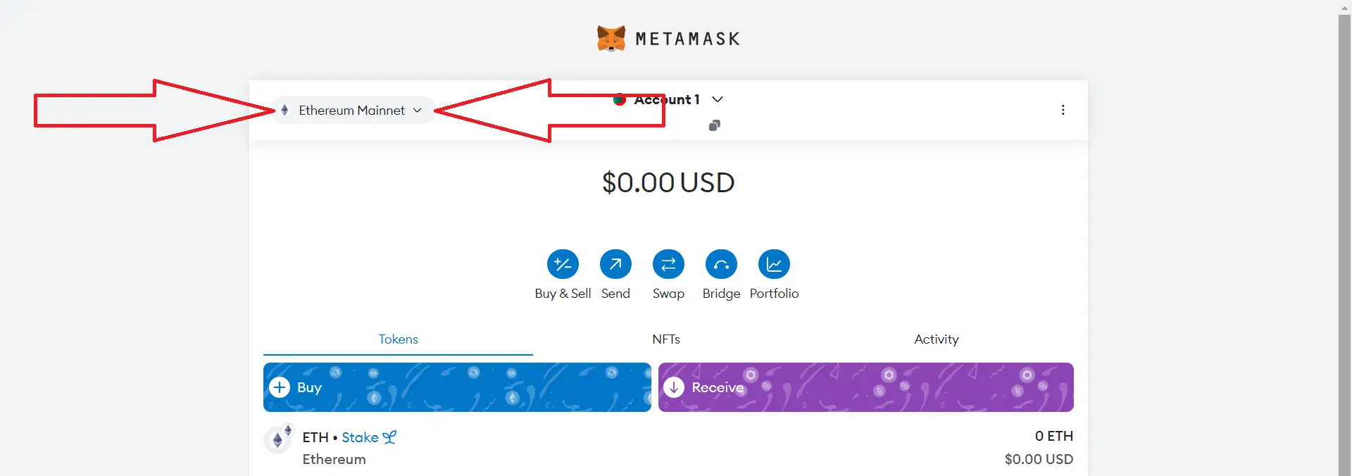 MetaMask network selector