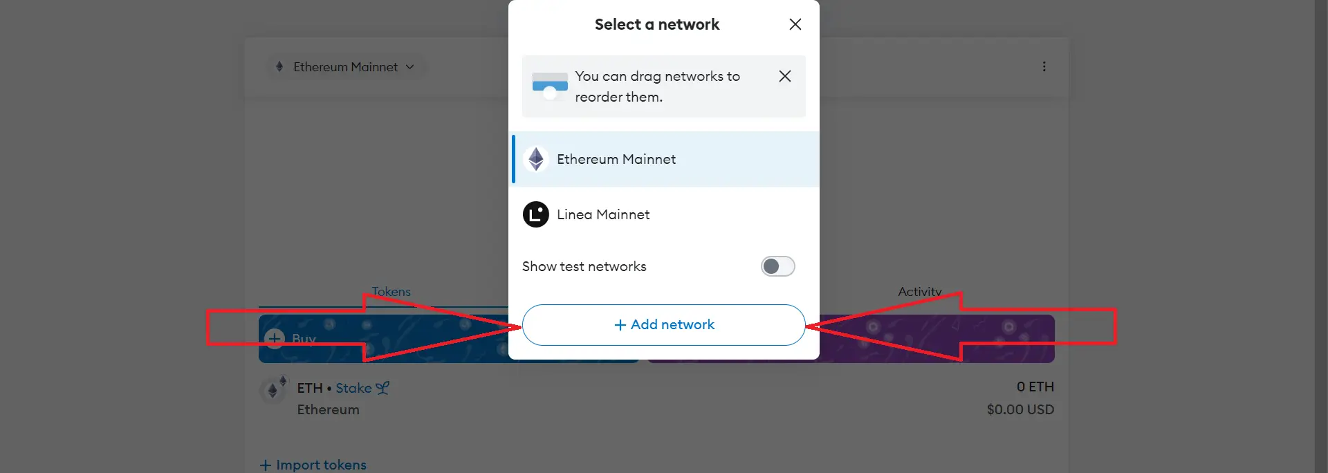 Add network action in MetaMask
