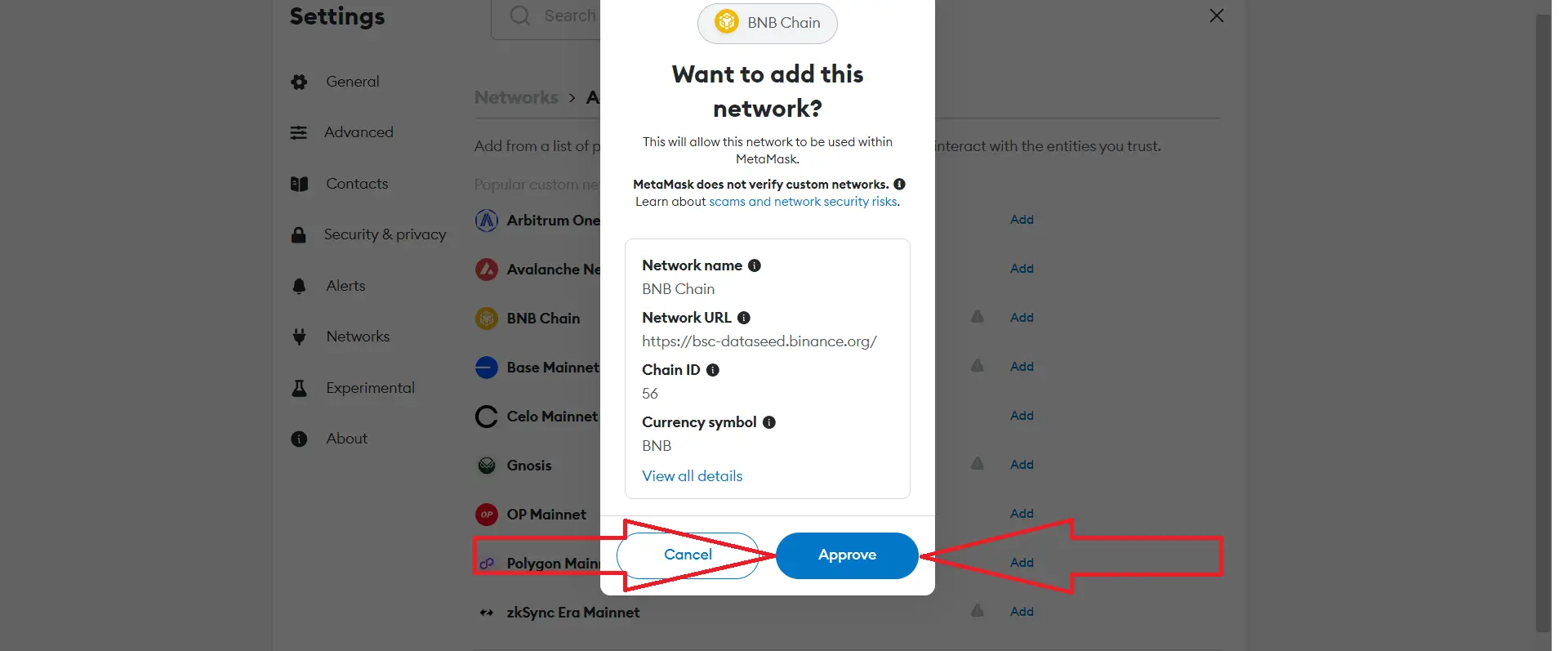 Approving BNB Smart Chain in MetaMask